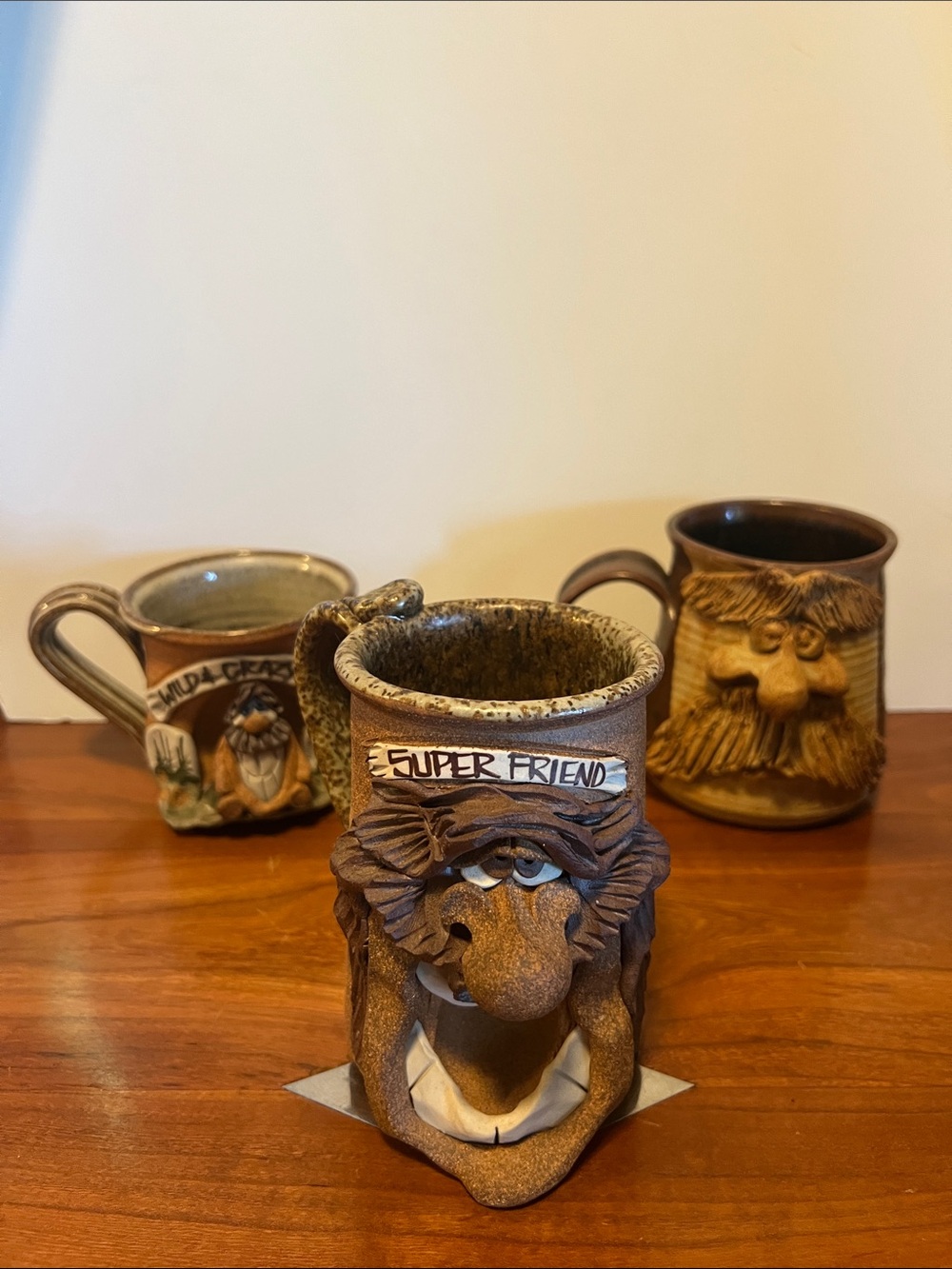 Hand Crafted Brown Ceramic 'Super Friend' Character Mugs 3 piece OOAK set